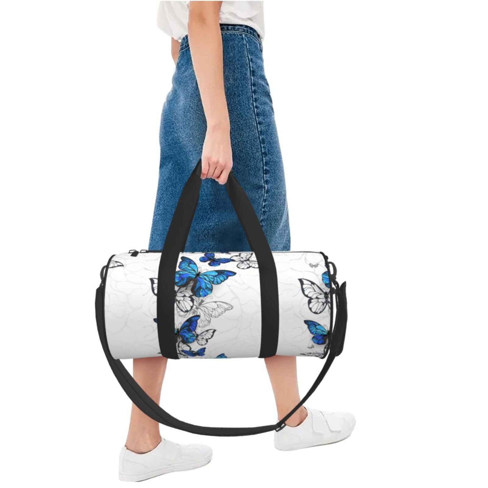 Vsdgher Blue Flying Butterflies 45L Foldable Duffel Bag, Sports Gym Bag,Overnight Bag, Portable Weekender Bag for Airplanes