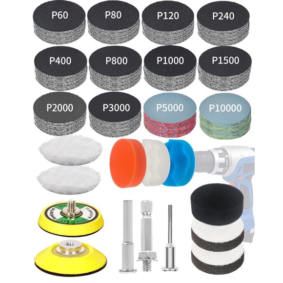 2 Inch Sanding Discs Drill Polishing Kit, 193PCS Hook & Loop Wet Dry Buffing Pads, Car Headlight Restoration Kit for Dremel Rotary