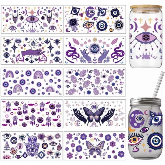 10 Sheets UV DTF Cup Wraps for 16 OZ Glass Cups 10 Styles Purple Mysterious Elements Rub on Transfers PVC Transfer Stickers Waterproof Rub Decals for DIY Your Holiday Presents colorful