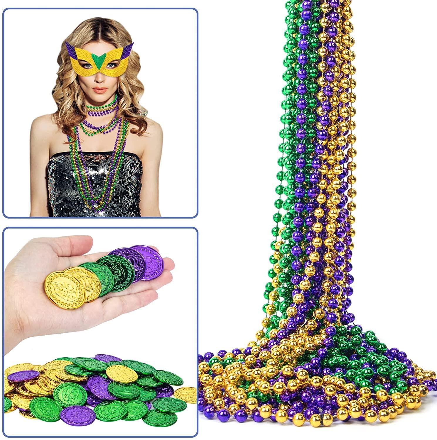 18-Piece Mardi Gras Bead Necklace Set - Carnival Party Necklaces In Purple, Green, Gold, 32 Inch, For Costumes & Decor