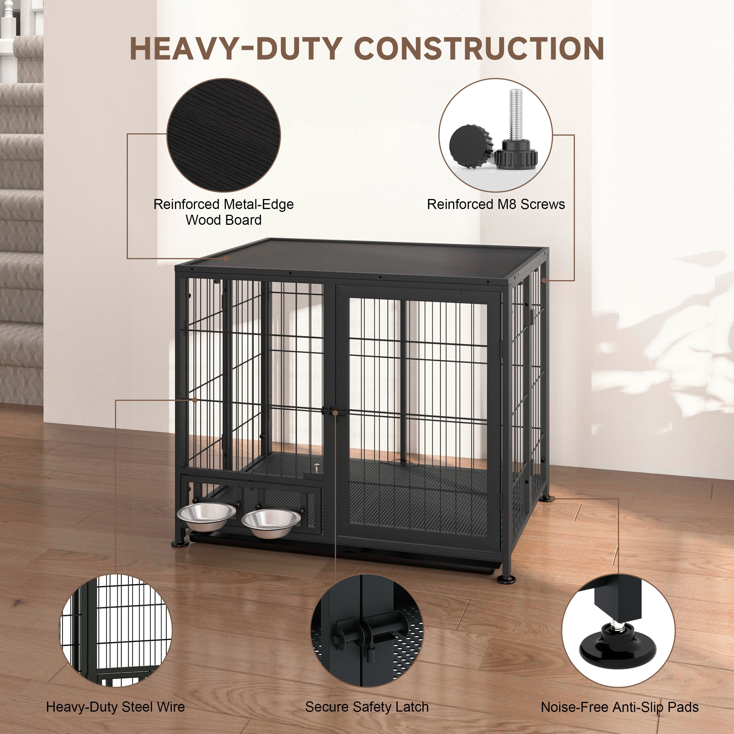 Amoveo 37.8" Heavy Duty Dog Crate for Medium Dogs, 3-in-1 Collapsible Metal Kennel & Playpen with Lockable Wheels & Feeding Bowls, Indoor Outdoor,Black