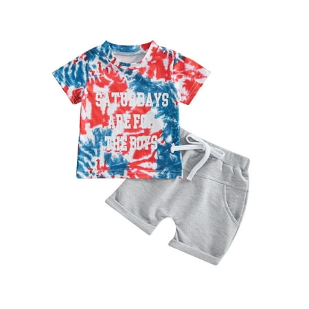 

Kids Boys Pants Suit Casual Party Dye Letters Tops + Drawstring Solid Color Short Trousers
