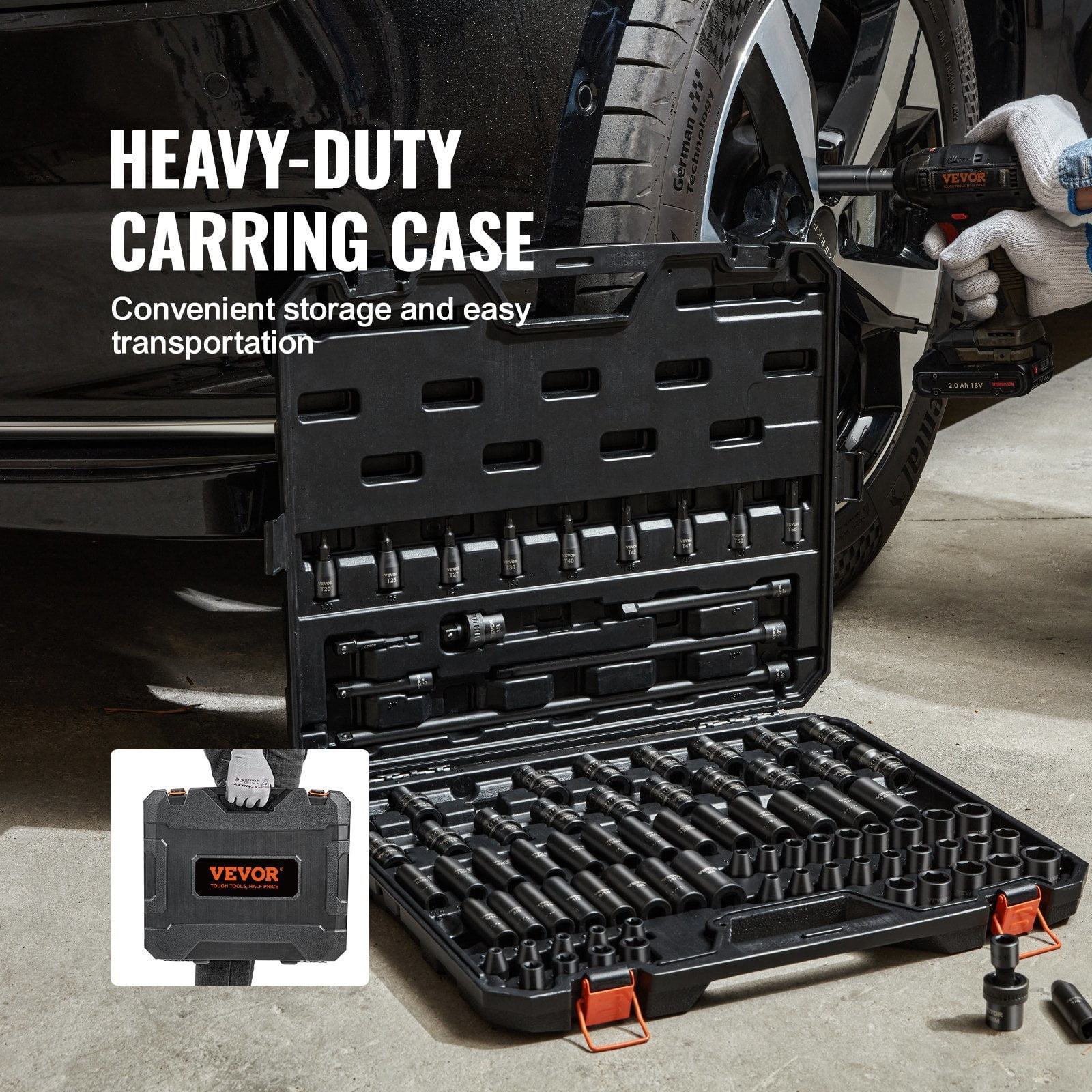 3/8" Drive 90-Piece SAE & Metric Impact Socket Set, Cr-Mo Steel, 6-Point, w/Extensions & Case - Auto Repair Tools
