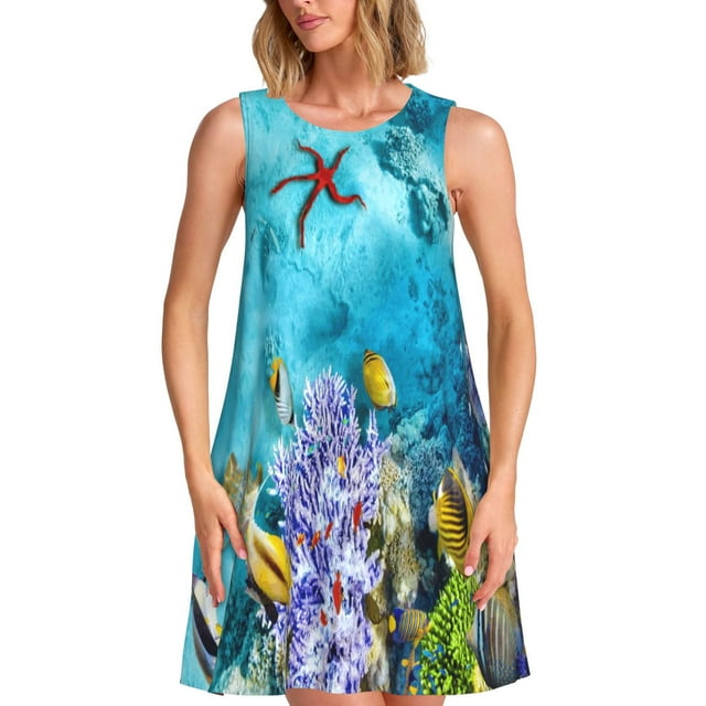 Xecao Robes d'Été Corail et Poisson Tropical pour Femmes Robes Décontractées de Plage Sans Manches T-Shirt Robe Évasée avec Poches
