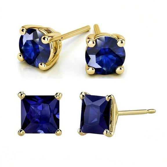 Bonjour Jewelers 18k Yellow Gold 2 Pair Created Blue Sapphire 6mm Round & Princess Cut Stud Earrings Plated