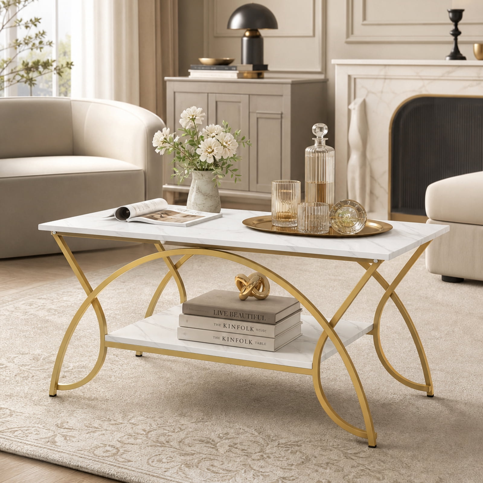 Furnibear 2-Tier Coffee Table Gold Rectangle for Living Room for Living Room Home Office Apartment Sofa Couch Center, White