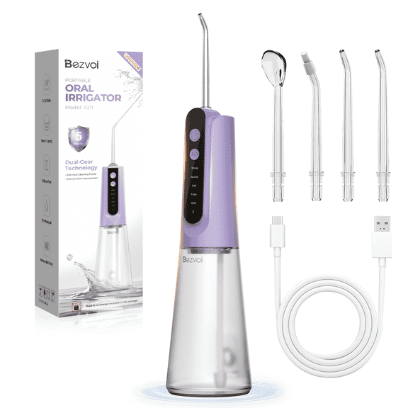 Cordless Water Flosser Dental Teeth Cleaner, 5 Modes & 40-Day Battery, Removable 300ML Water Tank, Rechargeable Oral Irrigator for Home and Travel, Purple