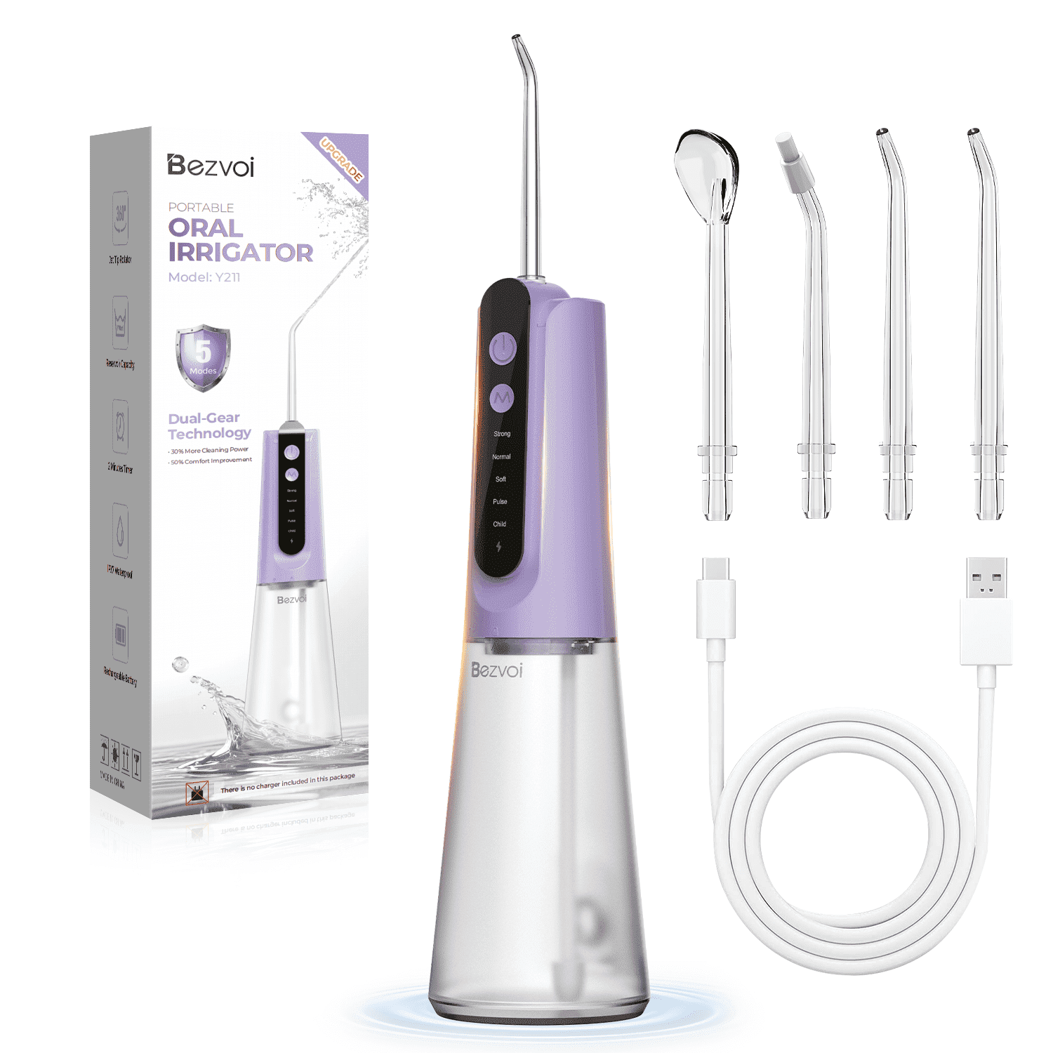 Cordless Water Flosser Dental Teeth Cleaner, 5 Modes & 40-Day Battery, Removable 300ML Water Tank, Rechargeable Oral Irrigator for Home and Travel, Purple