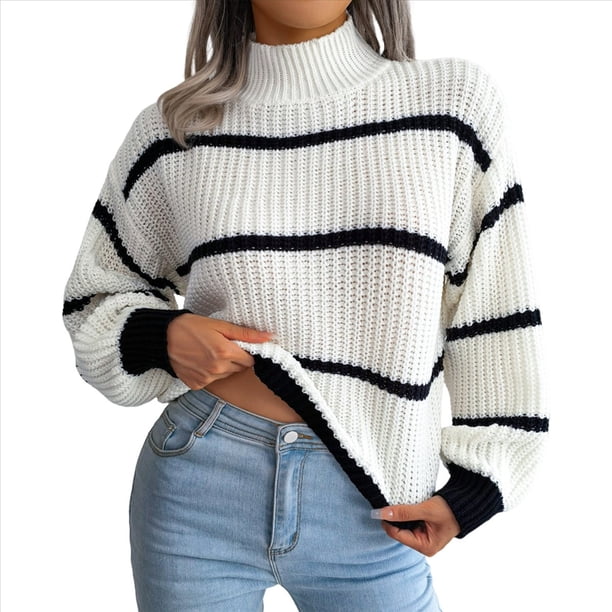 Suéter de Punto Grueso A Rayas con Cuello Alto para Mujer, Suéteres de Larga de Invierno, Tops L