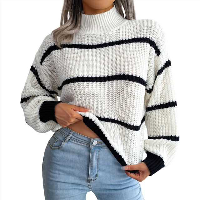 Suéter de Punto Grueso A Rayas con Cuello Alto para Mujer, Suéteres de Larga de Invierno, Tops M