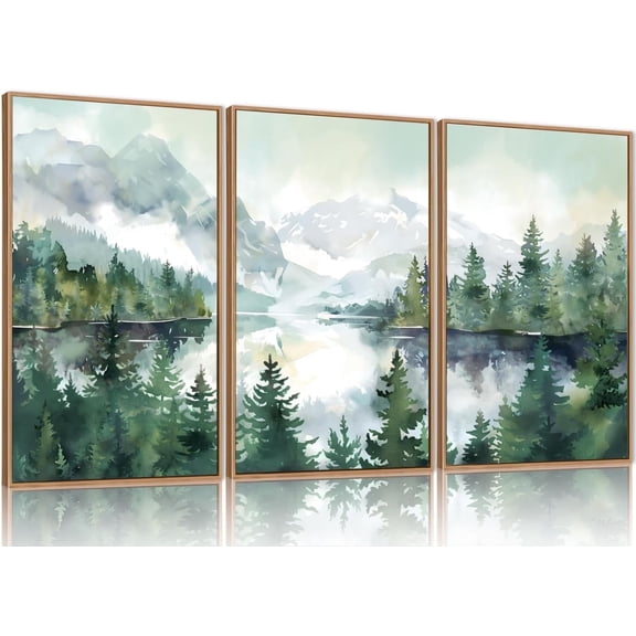 Watercolor Mountain Framed Canvas Wall Art Set, Boho Forest Wall Decor, Nature Green Pines Wall Painting, Forest Wilderness Artwork for Living Room, Bedroom, Dining Room, Office - 16"x24"x3