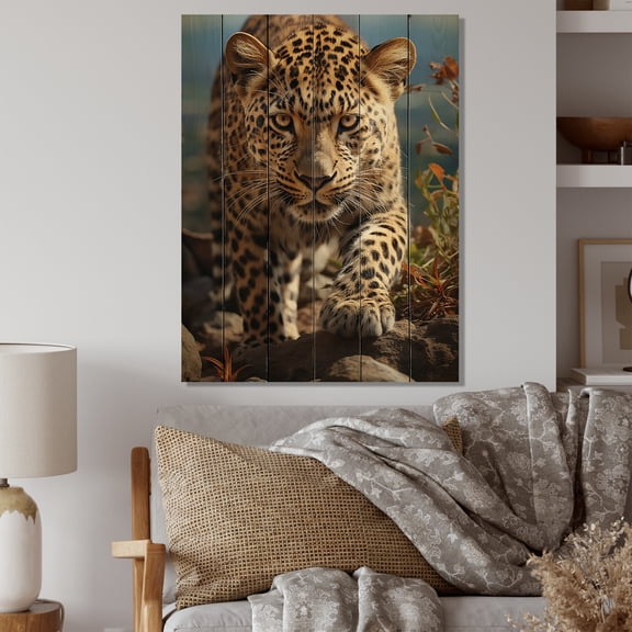 Designart "Portrait of an African Leopard II" Animals Print on Natural Pine Wood