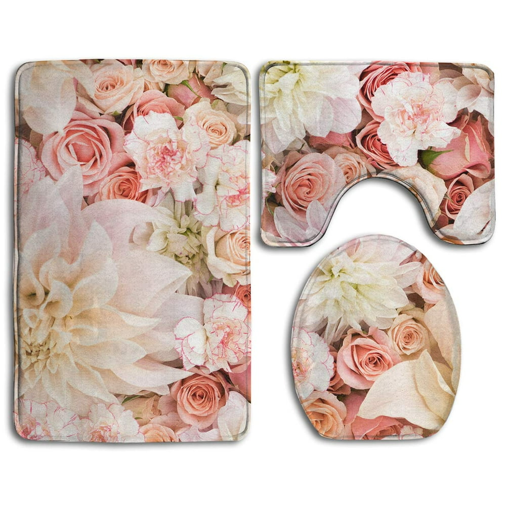 PUDMAD Petal Roses Blush Pink 3 Piece Bathroom Rugs Set Bath Rug