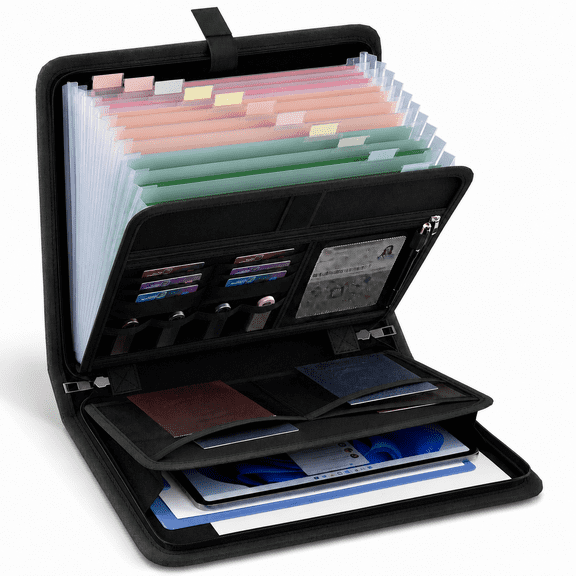 Fireproof Accordion File Organizer, Portable Expanding File Folder with Waterproof Zipper&Labels, Black Document Organizer with 13 Pockets, File Organizer for Important Document/Paper