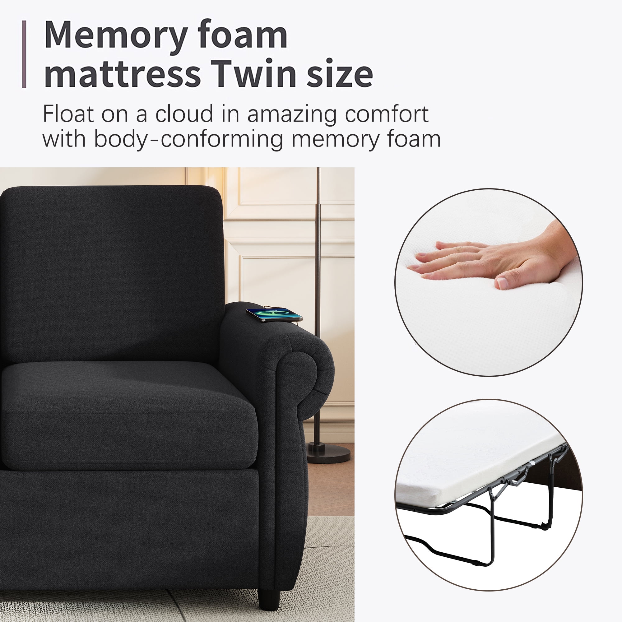 Euroco 57.9" Orisfur Pull Out Sofa Bed Loveseat Sleeper with Twin Size Memory Mattress with Two USB Ports for Living Room Spaces
