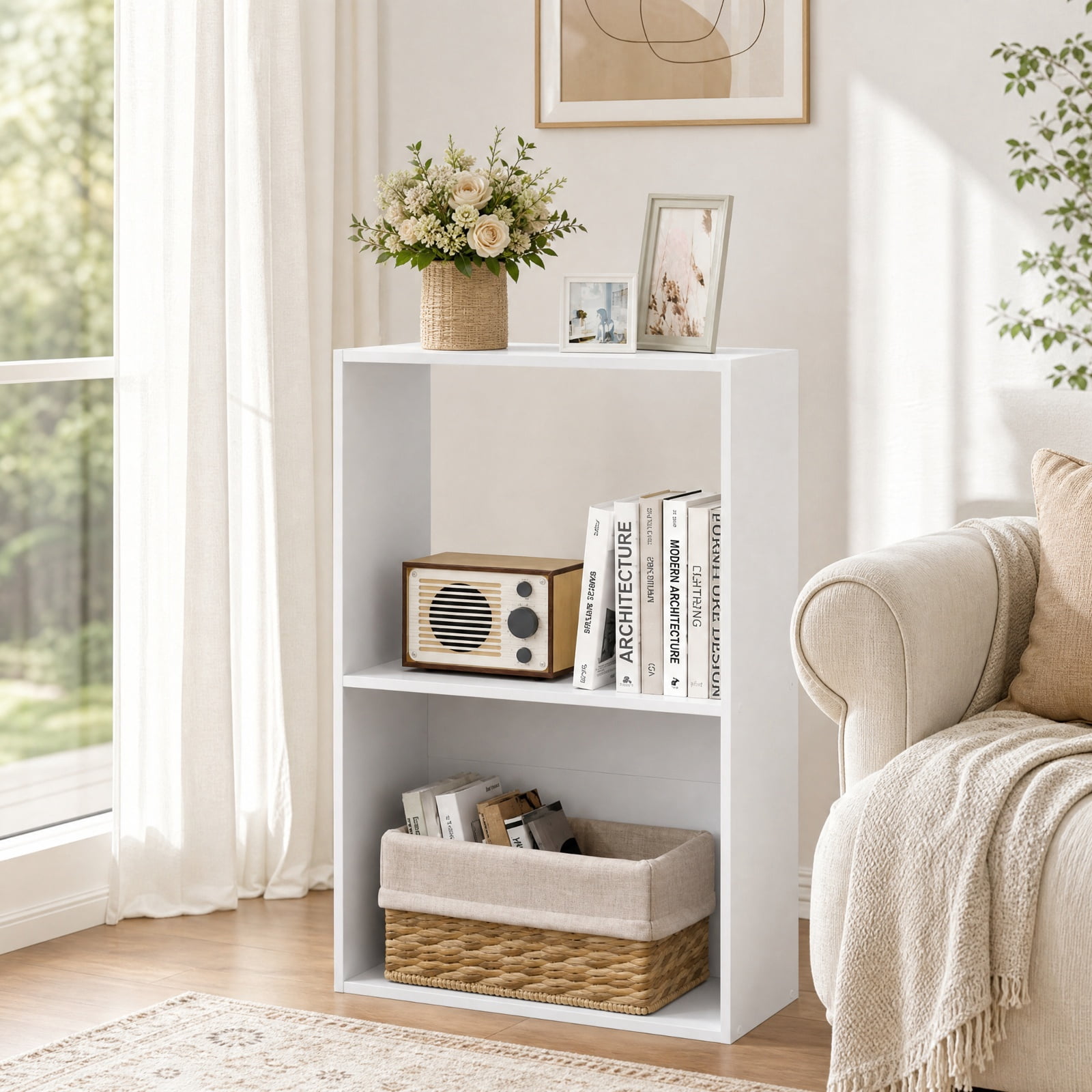 Furnibear 3-Tier Freestanding Bookshelf with Open Storage Compartment Countertop and Anti-Toppling Device for Study and Home Office, White