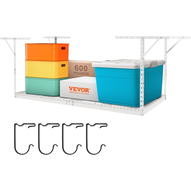 VEVOR Porte-Bagages de Garage Aérien, 48 X 96 Pouces Porte-Bagages de Garage Plafond, Robustes Réglables à Froid Laminés Racks en Acier pour Garage Stockage, Organisation, 600 lbs Capacité de Charge, 22''-40", Blanc