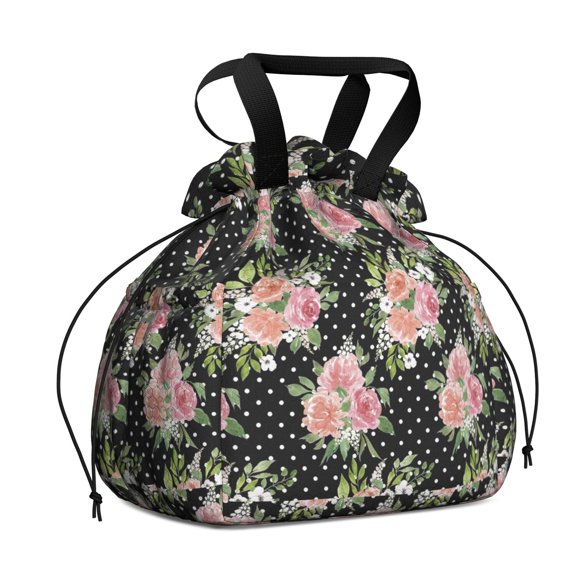 Pioneer Flower Drawstring Lunch Bag Women - Drawstring Lunch Bag Insulated for Work Office - Stain-Resistant Large Lunchbags for Women with Multi-Pockets