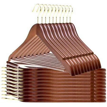 Quality Wooden Hangers - Slightly Curved Hanger 20-Pack Sets - Solid Wood Coat Hangers with Stylish Chrome Hooks - Heavy-Duty Clothes, Jacket, Shirt, Pants, Suit Hangers (Walnut - Gold Hook, 20)