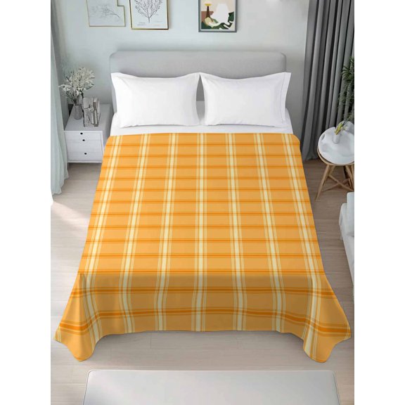 Queen Size Flat Sheet Only,Thanksgiving Autumn Plaid Soft Top Bed Sheets Breathable Bedding Sheet Yellow Check Microfiber Hotel Luxury Top Sheets