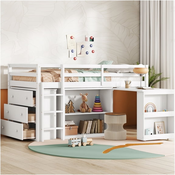 JERFIT Twin Loft Bed with Storage Case, Drawers, Cabinet, Shelf, White