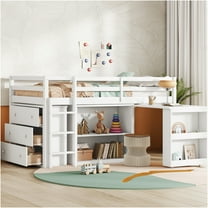 JERFIT Twin Loft Bed with Storage Case, Drawers, Cabinet, Shelf, White