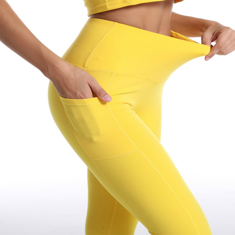 Efsteb Yoga Pants Women High Waist Workout Leggings with Pockets Fitness  Athletic Fashion Casual Solid Leggings Sports Nine-Point Yoga Pants Yellow  S 