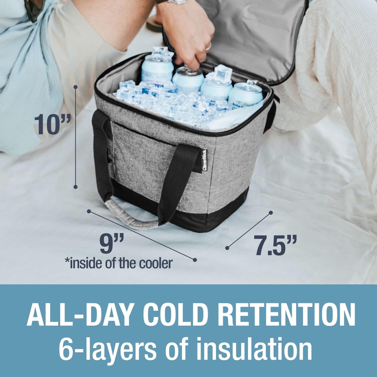 CleverMade Collapsible Tahoe Soft-Sided Cooler, 18 Can, Leakproof Insulation, Heather Gray/Black Polyester