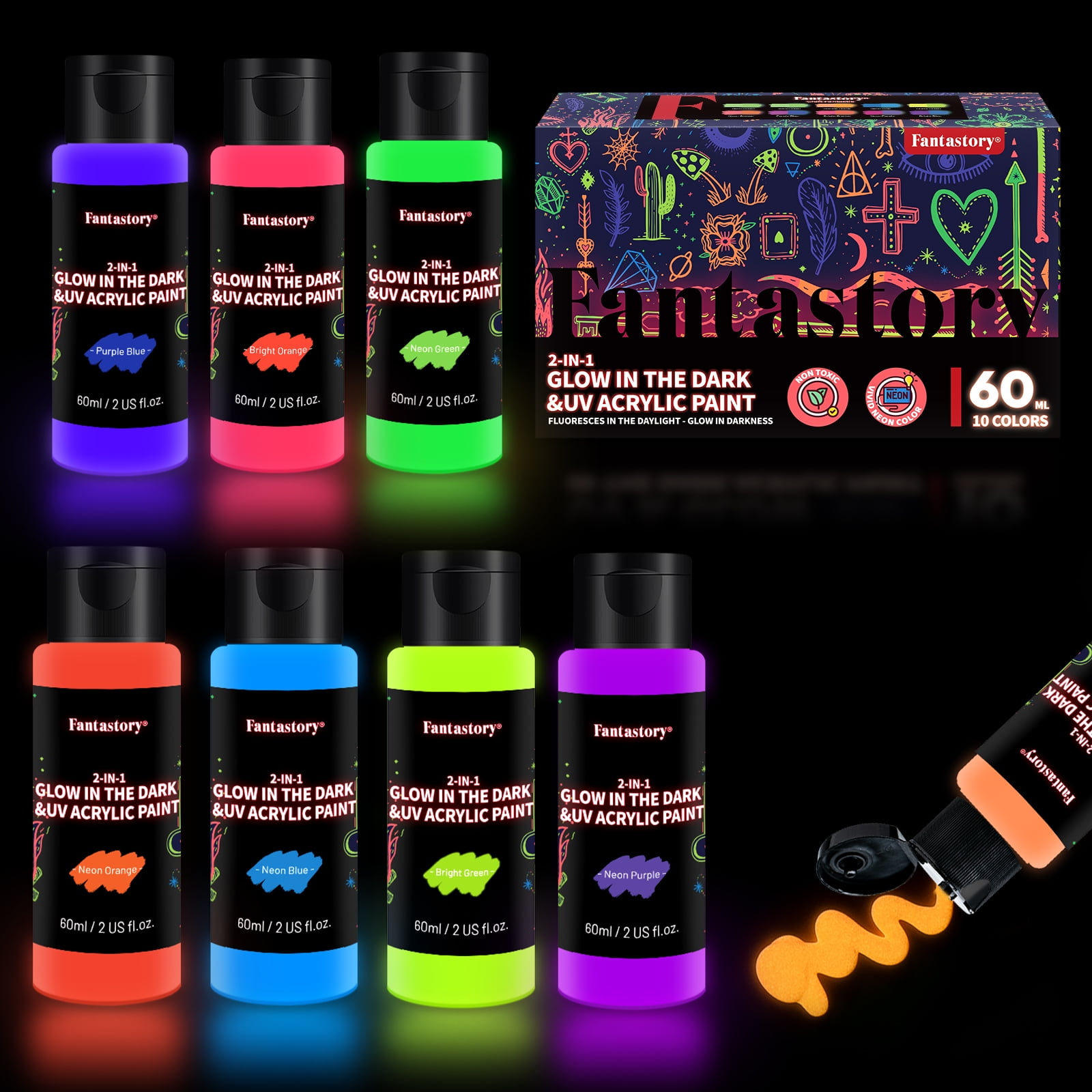 Fantastory 60ml/2oz Glow in The Dark Paint, 10 Tubes Fluorescent Colors Glow Acrylic Paints