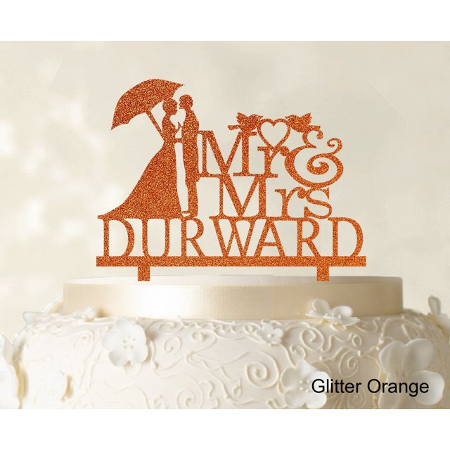 Mr & Mrs Wedding Cake Topper Personalized Glitter Orange Cake Topper Color Option Available 5-7 Inches Wide