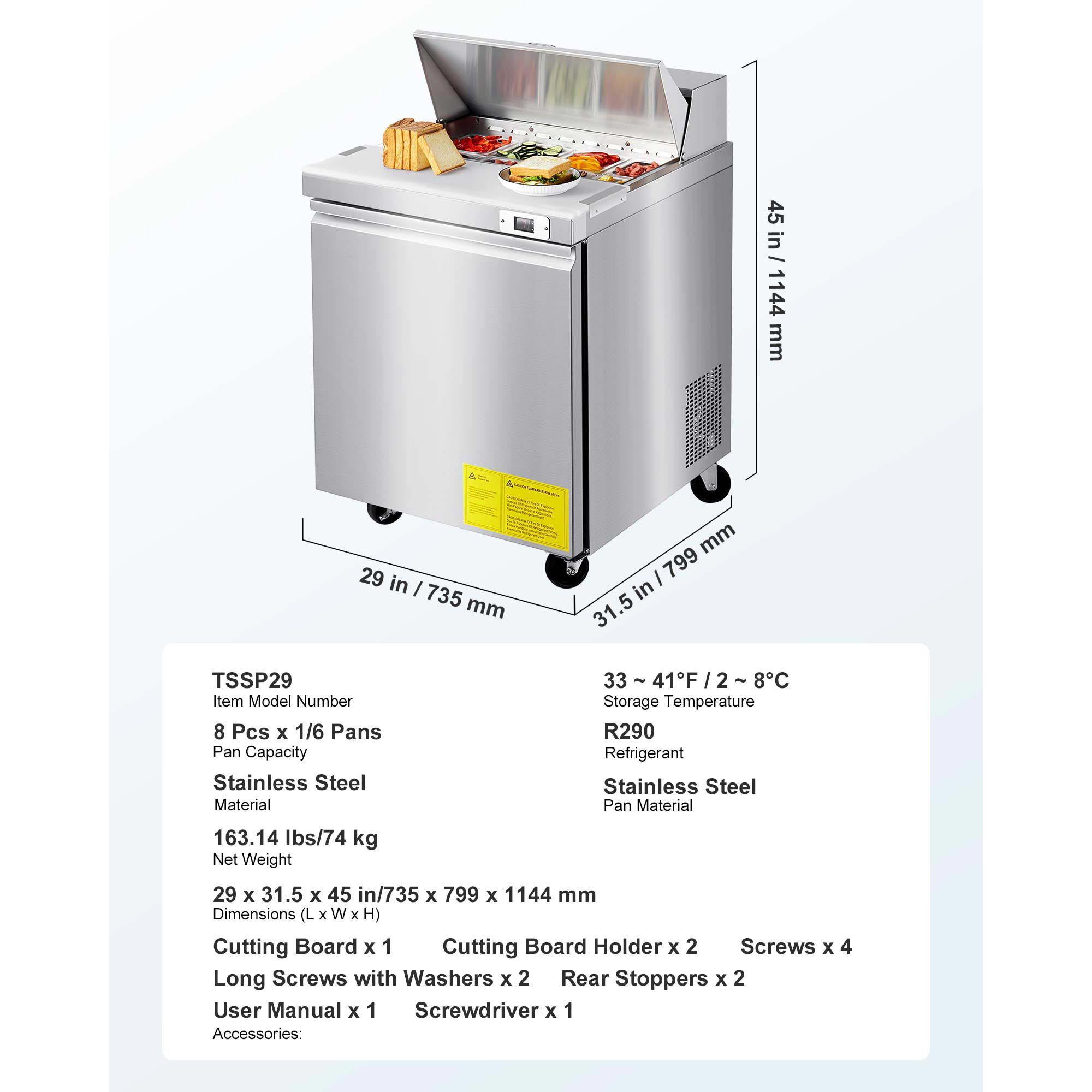 KFFKFF 28"W Commercial Refrigerator, 7.1 Cu. Ft Sandwich Prep Table, Food Prep Fridge with 8 Pans and Cutting Board, Stainless Steel Salad Cooler for Restaurant and Food Truck