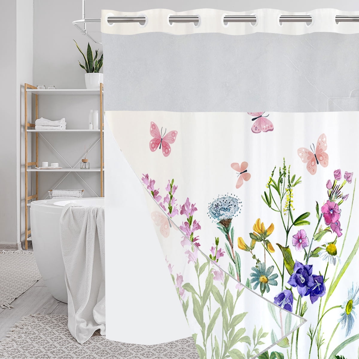 Dznils White No Hook Fabric Shower Curtain with Snap-in Liner, 72" x 74", Pink Floral Patterned