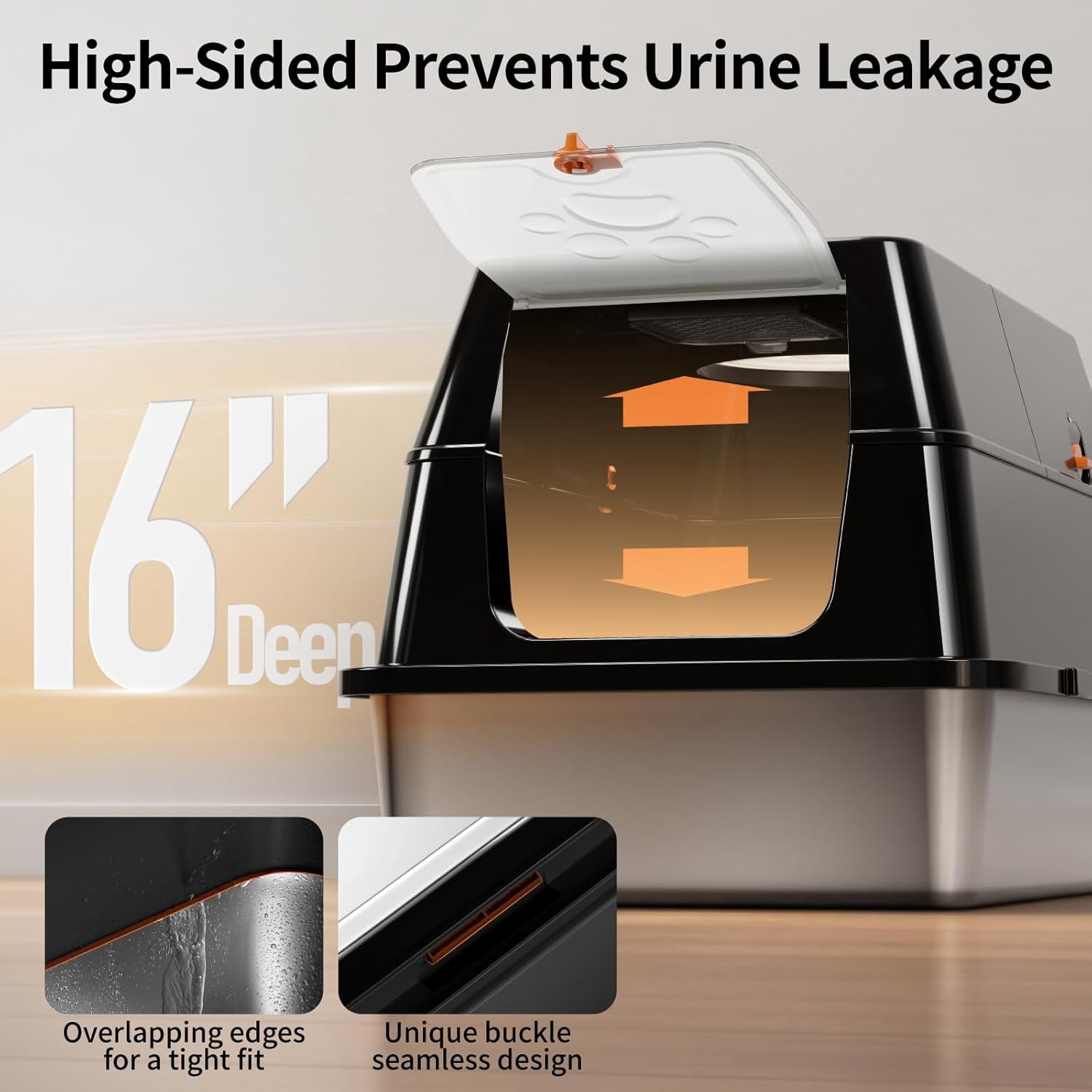 Stainless Steel Cat Litter Box with Lid, 180 °   Flip-Top XL Extra Large Enclosed Litter Box, Covered Metal High Sided Litter Pan with Steps & Scoop, Easy Cleaning, Odor Control,Non-Sticky-Black