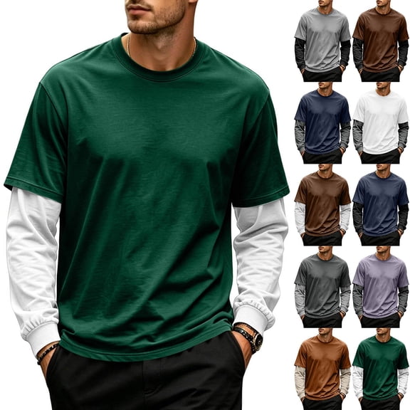 Men's Fake 2-Piece Layered Solid Shirts Casual Pullover Green 2XL