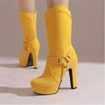 thumbnail image 5 of Yellow Womens Solid Color Boots With Belt Buckle And Platform Heel Mid Calf High Heel For A Trendy Look, 5 of 9