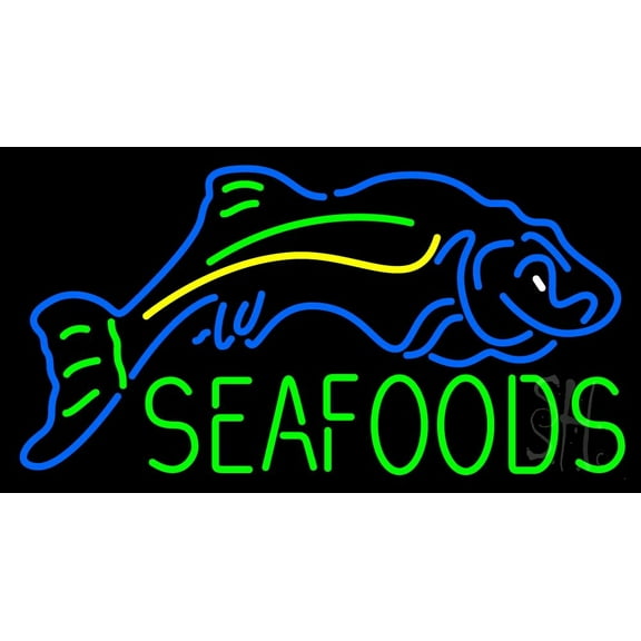 Seafoods With Fish Logo LED Neon Sign 13 x 24 - inches, Clear Edge Cut Acrylic Backing, with Dimmer - Bright and Premium built indoor LED Neon Sign for restaurant window and interior decor.