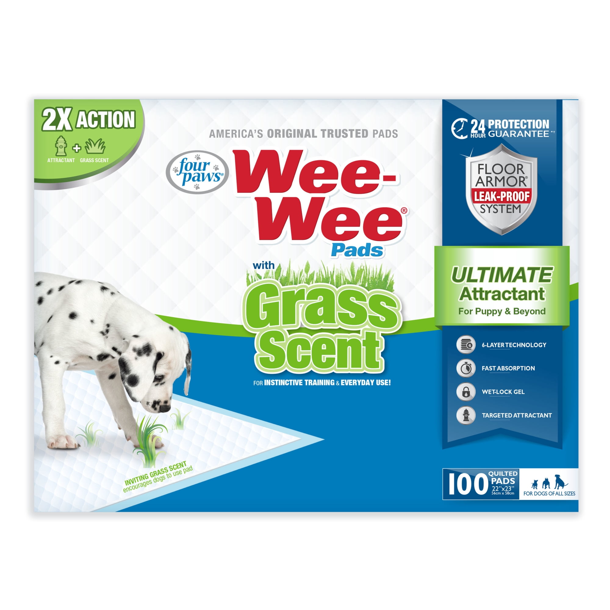 Four Paws Wee-Wee Grass Scented Potty Training Dog & Puppy Pads, Pet Pee Pads, 100ct