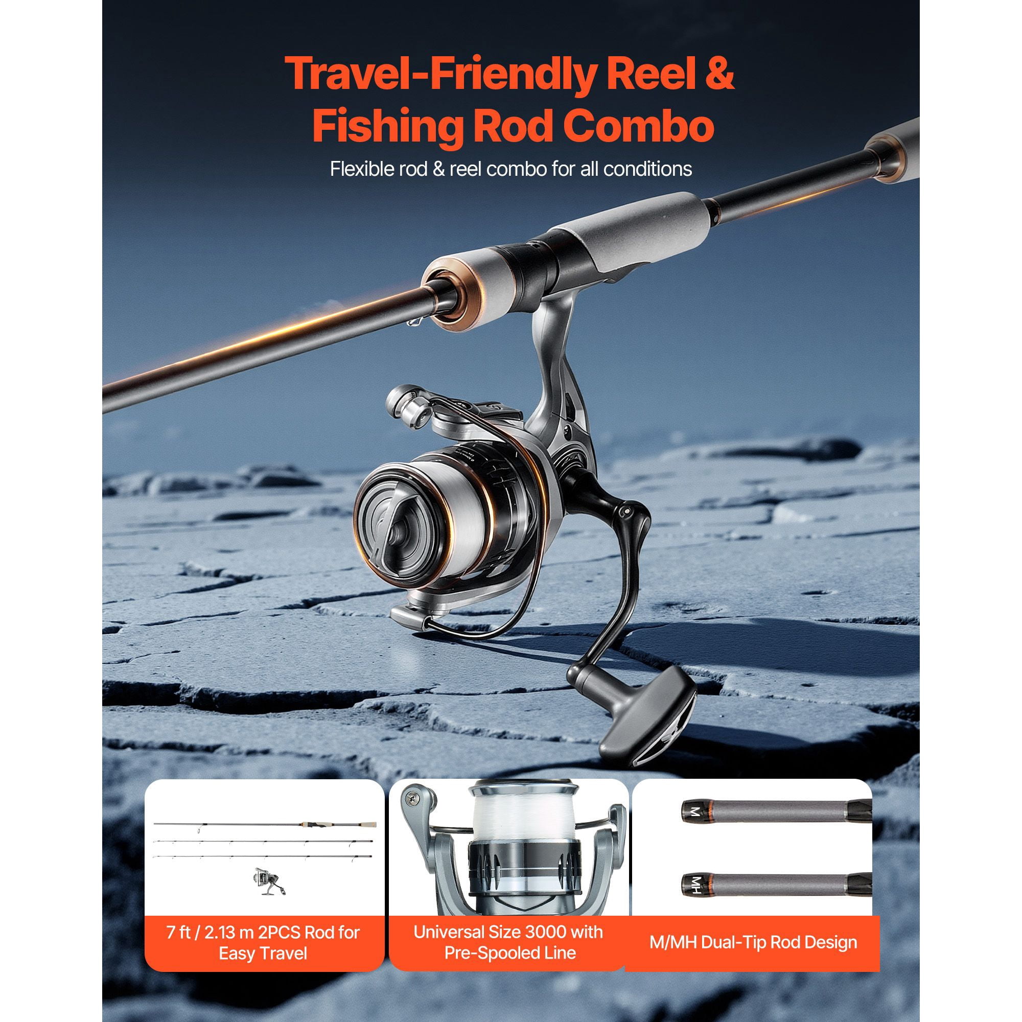 Rod and Fishing Reel Combo IM7 Carbon Fiber Spinning Rod 7 ft Two-Piece Bass Fishing Pole 7+1 Ball Bearings EVA Handle Stainless Steel Guides with Ceramic Rings