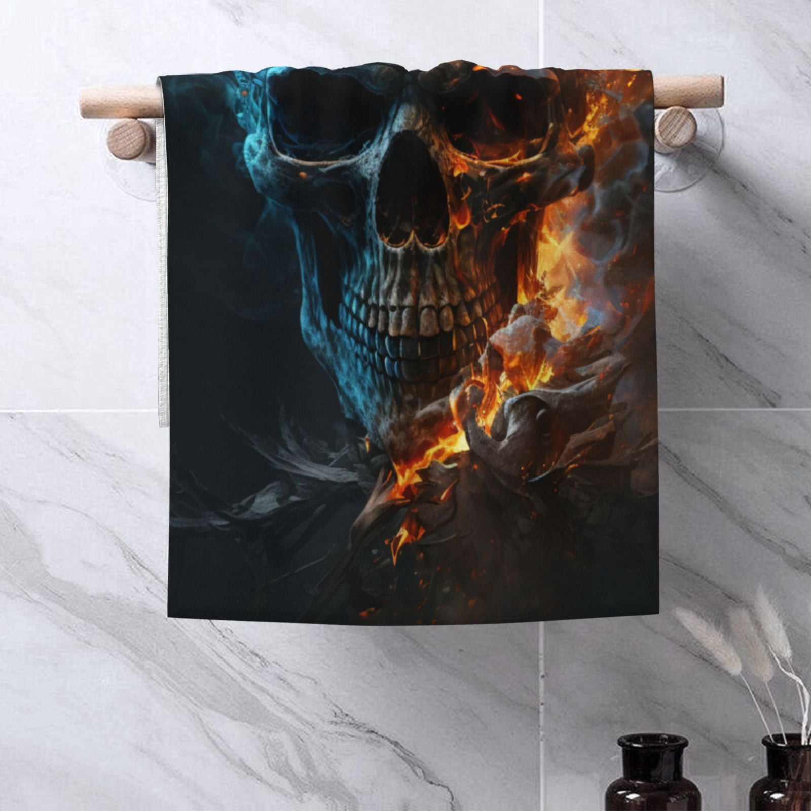Burning Skull Head Death Fire Flaming 27.5" x 16" Ultra Soft Hand Towel, Face Wash Cloth for Bathroom, Gym, Travel, Pool