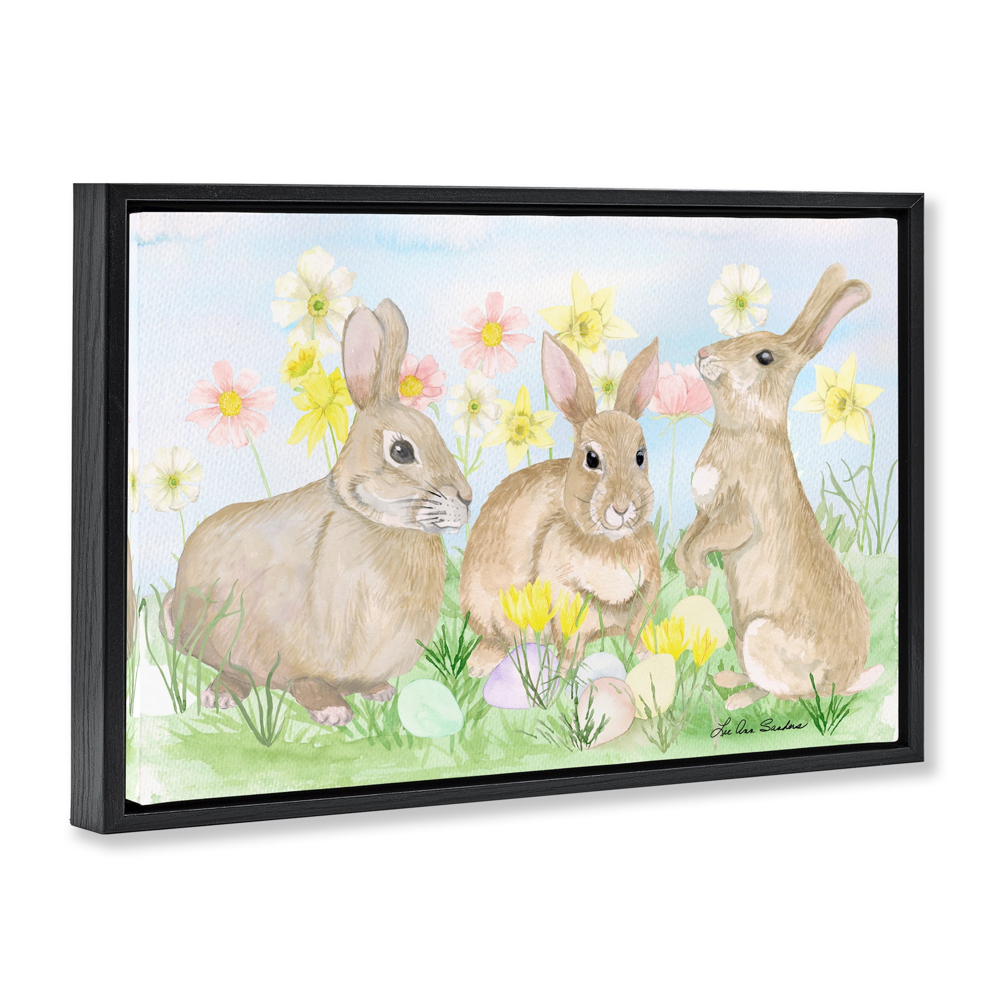Three Bunnies In The Grass Black Framed Floater Canvas Wall Art, design by Lee Ann Sanders