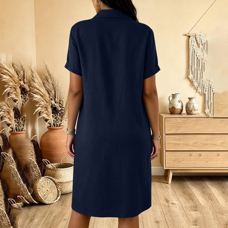 knee length navy blue casual dress Women's Knee Length Dress Casual Dress Swing Dress Elegant Modern The solid navy color pairs beautifully with accessories in silver Women's Knee Length Dress Casual