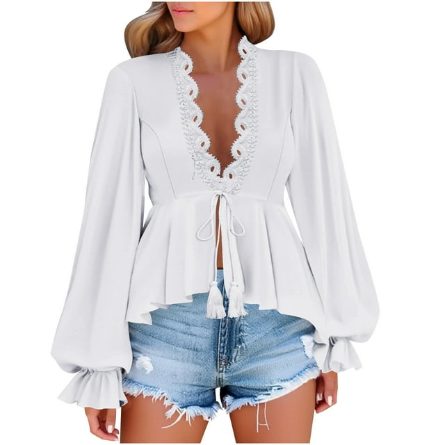 Women's Long Sleeve V Neck Blouse, Lace Splicing & Drawstring Ruffle Hem Casual Chic Tops