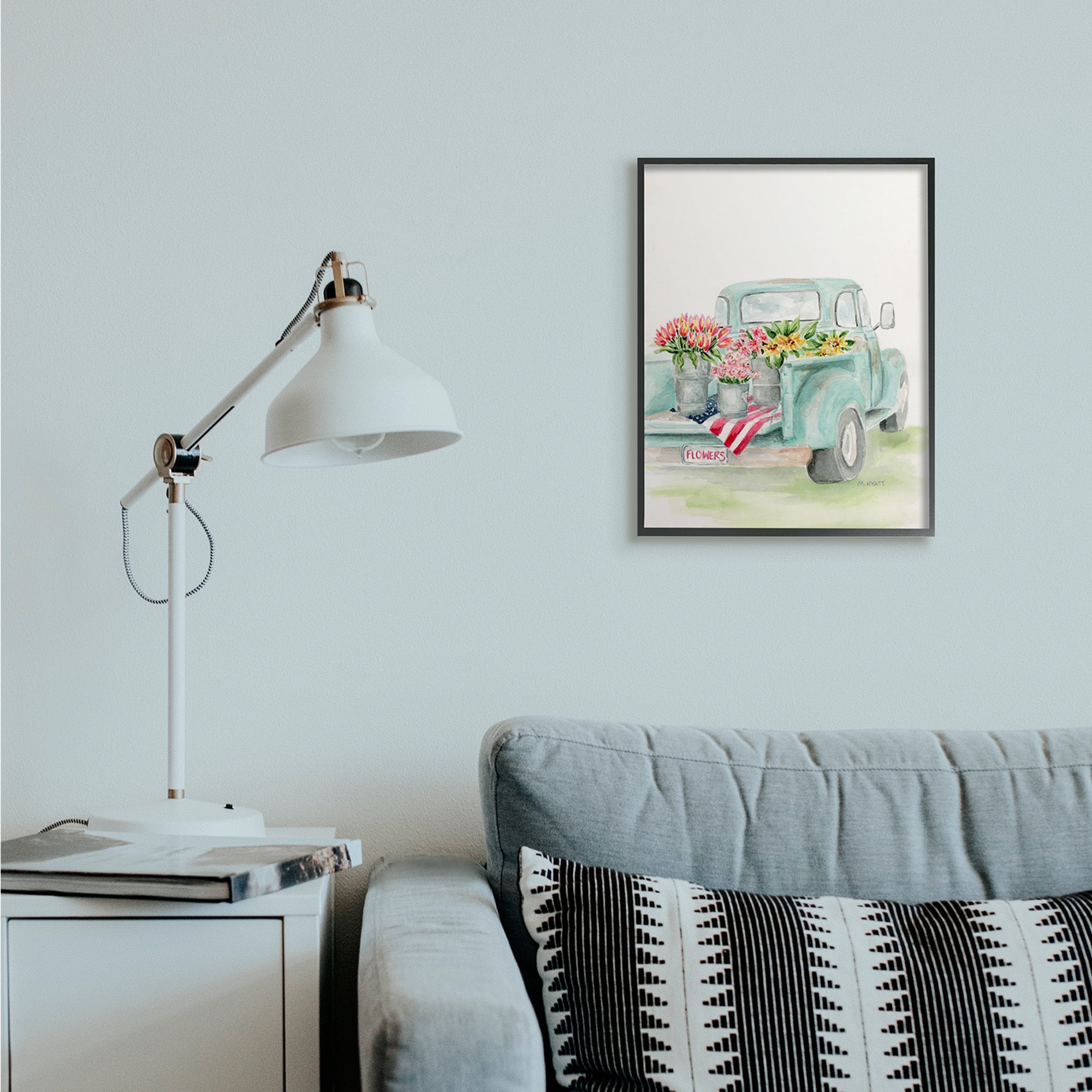 Stupell Industries Vintage Blue Pick-Up Truck Floral Farm Bouquets Black Framed, 16 x 20, Design by Melissa Hyatt LLC