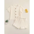 thumbnail image 4 of BemeyourBBs Toddler Baby Boy Summer Clothes 2 Pieces Cotton Linen Outfit Solid Color Mock Neck Short Sleeve Button Down Shirt and Shorts Set, 4 of 9