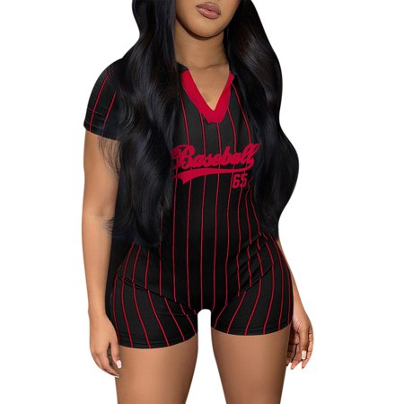 

Jumpsuits For Women Elegant Baseball Fashion Printed Collar Loose Short Sleeves Romper Black M