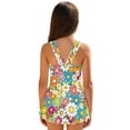 thumbnail image 2 of Xixirimido Vibrant Retro Hippie Flower Print Girls Swimsuits One Piece Sleeveless Swimwear with Skirt Modest Bathing Suit with Built-in Shorts Beach Vacation Swim Dress, 10-11 Years, 2 of 7