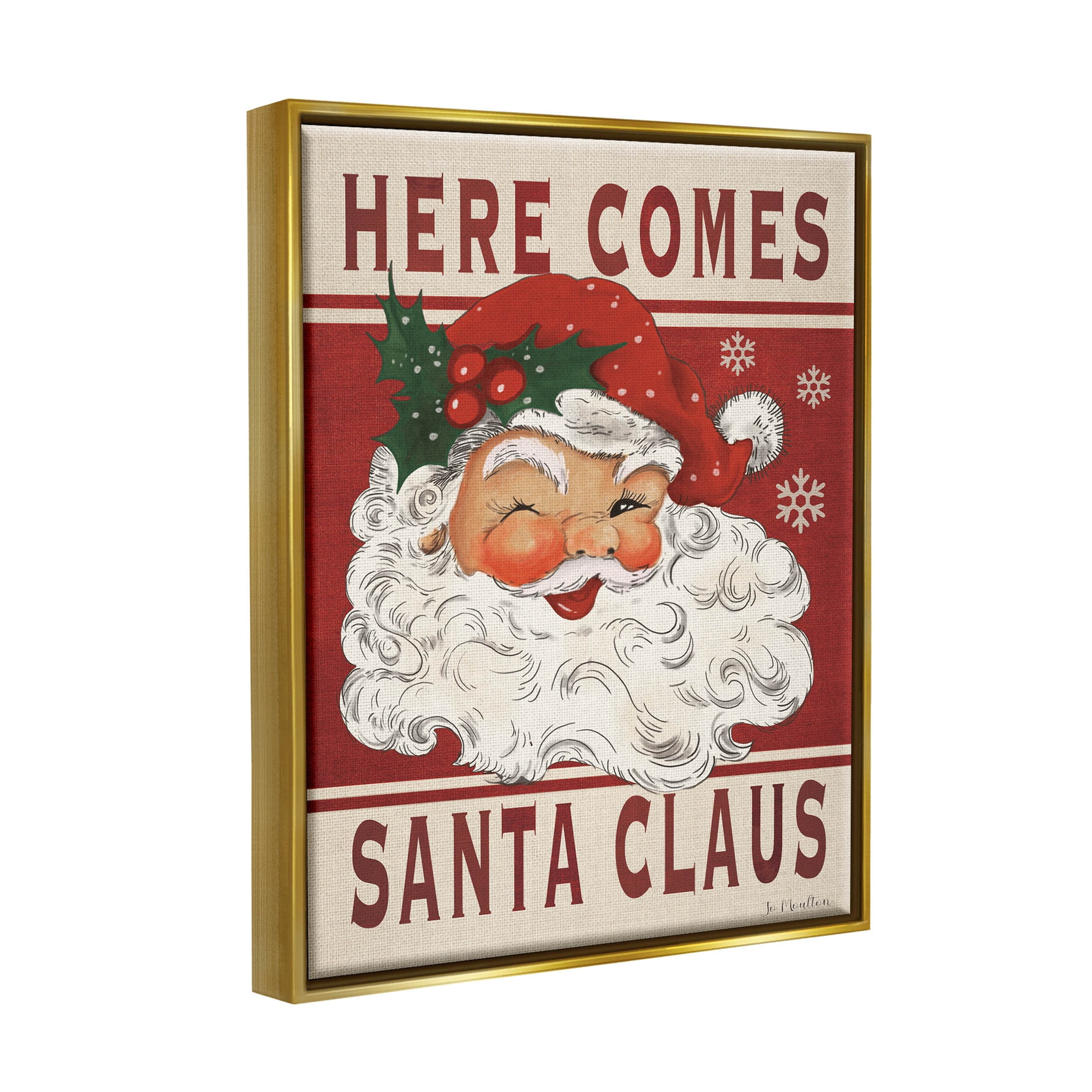 Here Comes Santa Claus Smiling Vintage Holiday Graphic Art Metallic Gold Framed Art Print Wall Art