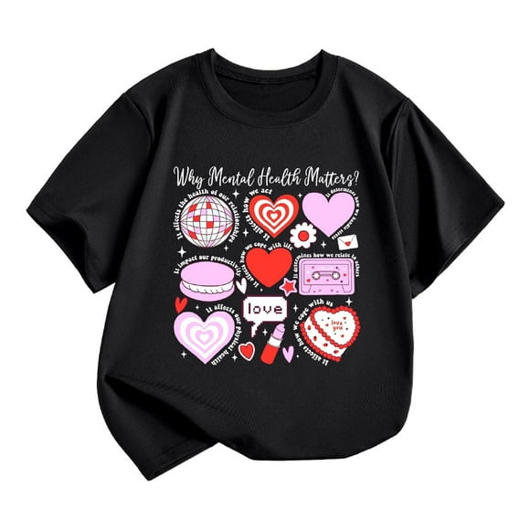Shirts Girls Children's Casual Short Sleeved T Shirt Cartoon Print Crewneck Comfortable Girls' Tops, Tees Black 6 Years-7 Years