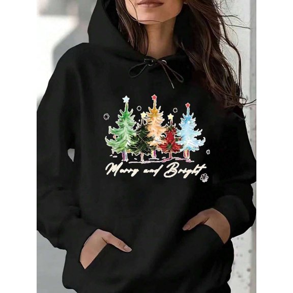 Women's Christmas Holiday Tree Merry Bright Drawstring Kangaroo Pocket Pullover Hoodie