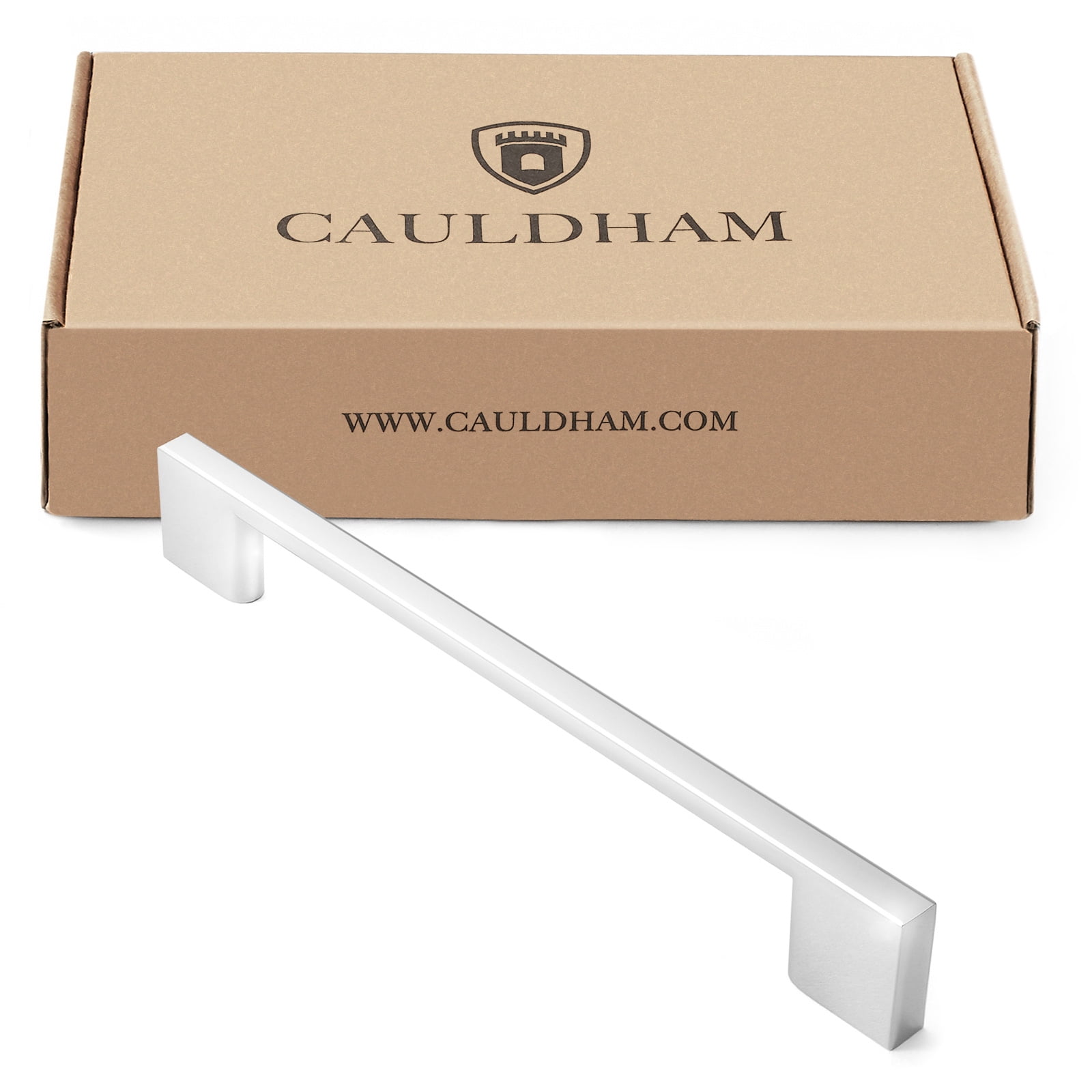 Cauldham 10 Pack Solid Kitchen Cabinet Pulls Handles (6-5/16" Hole Centers) - Modern Thin Profile Drawer/Door Hardware - Style M255 - Polished Chrome